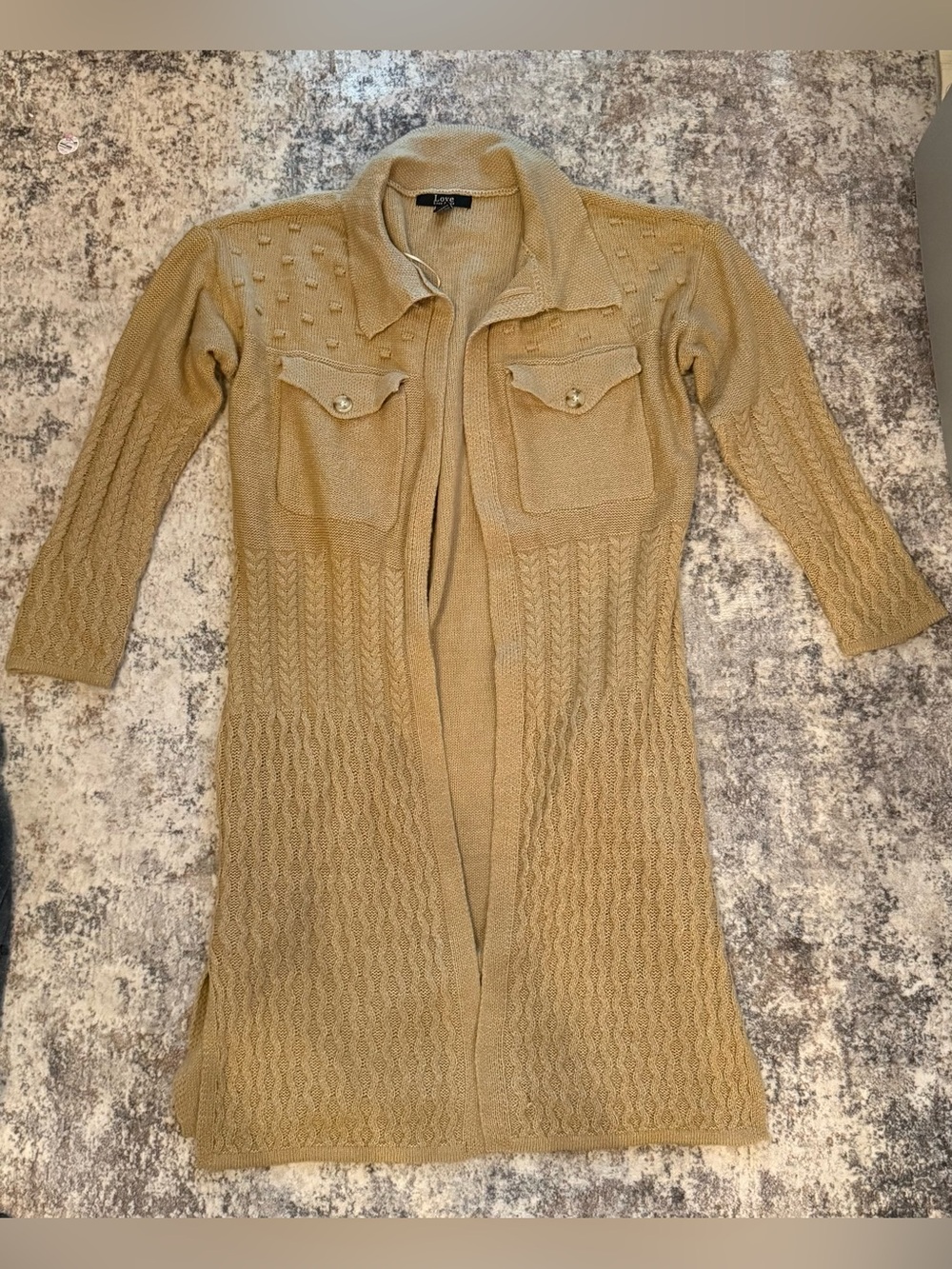Luxe Tan Cable Knit Longline Cardigan with Pocket Details